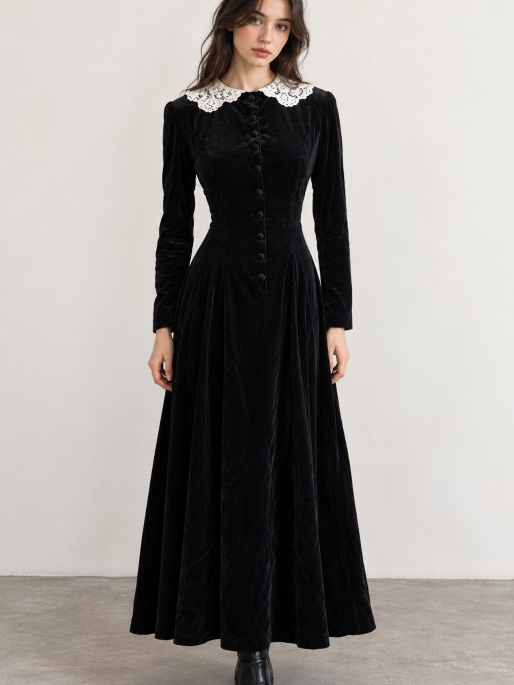 Vtg Laura Ashley Black Velvet Wednesday Addams Lace Collar Dress  6 Made in UK